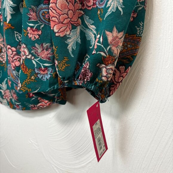 New Blouse Floral Green Xhilaration Peasant Style Boho Colorful Sheer Womens XS - Picture 3 of 7